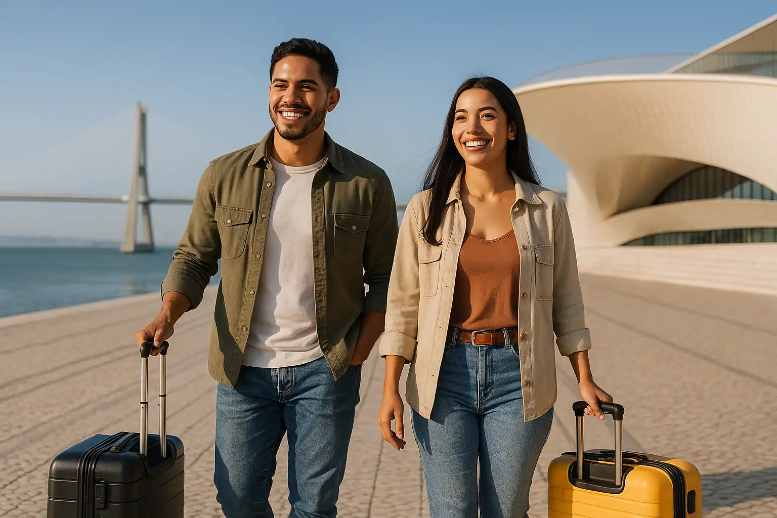 Inmigrantes llegando a Portugal con maletas para gestionar visa, residencia, NIF, NISS y trámites AIMA